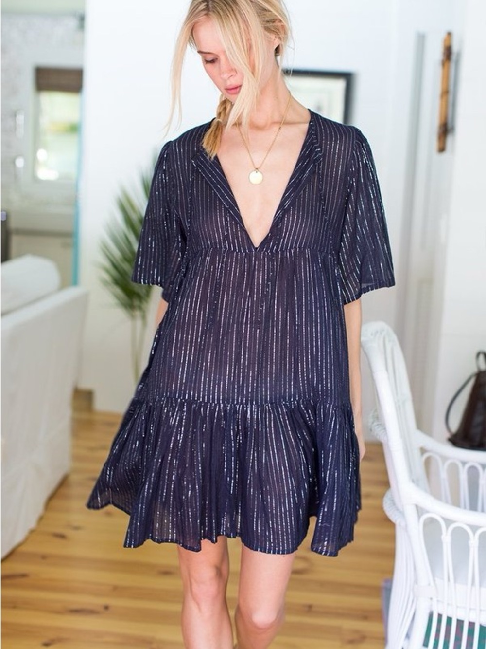 Emerson Fry Isla Dress Navy Metallic-Striped Midi Dress | Size M/L
